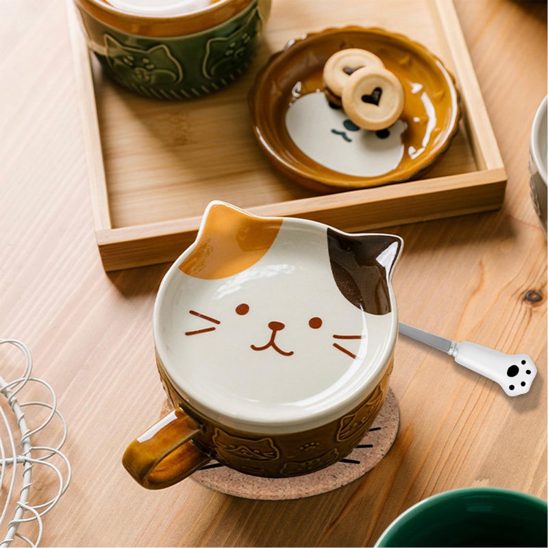 BigNoseDeer Gifts for Women Her Cute Kawaii Cat Coffee Mugs with Lids Christmas Birthday Presents for Girls Friend Kids Men Wife Mum Grandma Teacher Novelty Animal Coffee Ceramic Tea Cup Dessert Saucer Set - Image 2