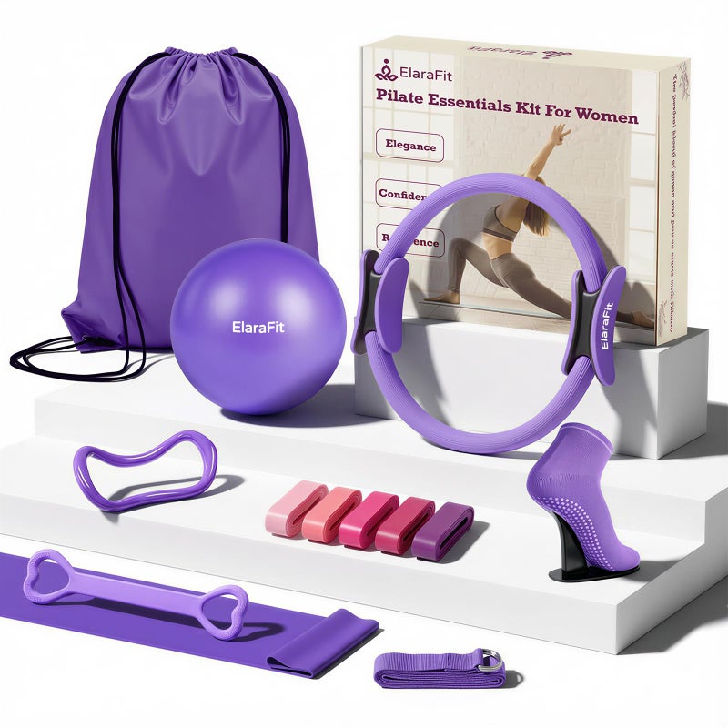 ElaraFit 13 Piece Pilates Kit for Women Home Pilates Ring and Ball Set with 5 Resistance Bands Stretch Strap Arm Exerciser Grip Socks Storage Bag and Workout Guide 13 Inch Magic Circle Purple - Image 2