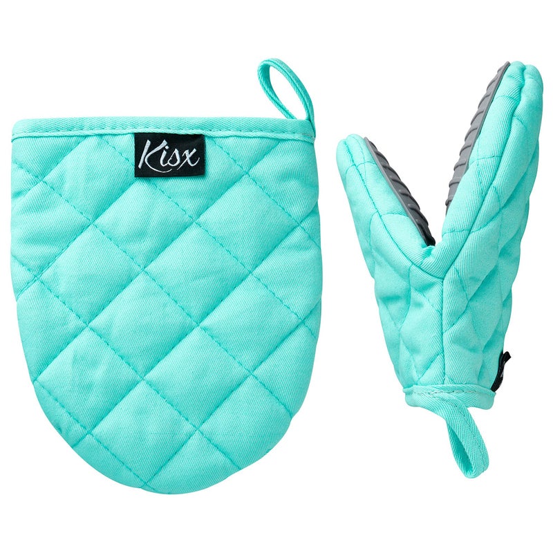Kisx Oven Mitts Heat Resistant â€“ (Aqua Color) Mini Oven Mitts, Silicone Gloves Heat Resistant, Kitchen Gloves for Cooking, Silicone Oven Mitts & Pot Holders Sets, Kitchen Pot Holders & Oven Mitts Sets - Image 1