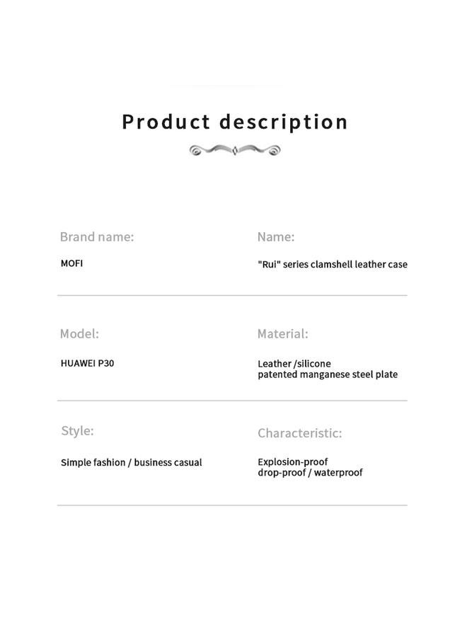 موفي جراب لهاتف Huawei P30 من سلسلة Rui، جراب جلدي كلاسيكي قابل للطي مع دعامة مدمجة بلوحة فولاذية شاملة - Image 3