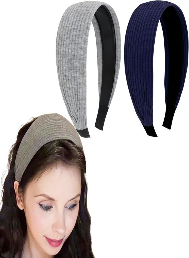 Melodio 2 PCS Headbands for Women Toothed Non-slip Hair Bands Vintage Knitted Pit Strip Boho Wider Sports Makeup Hair Bands Cover Hair Seams for Women(Navy, Gray) - Image 1