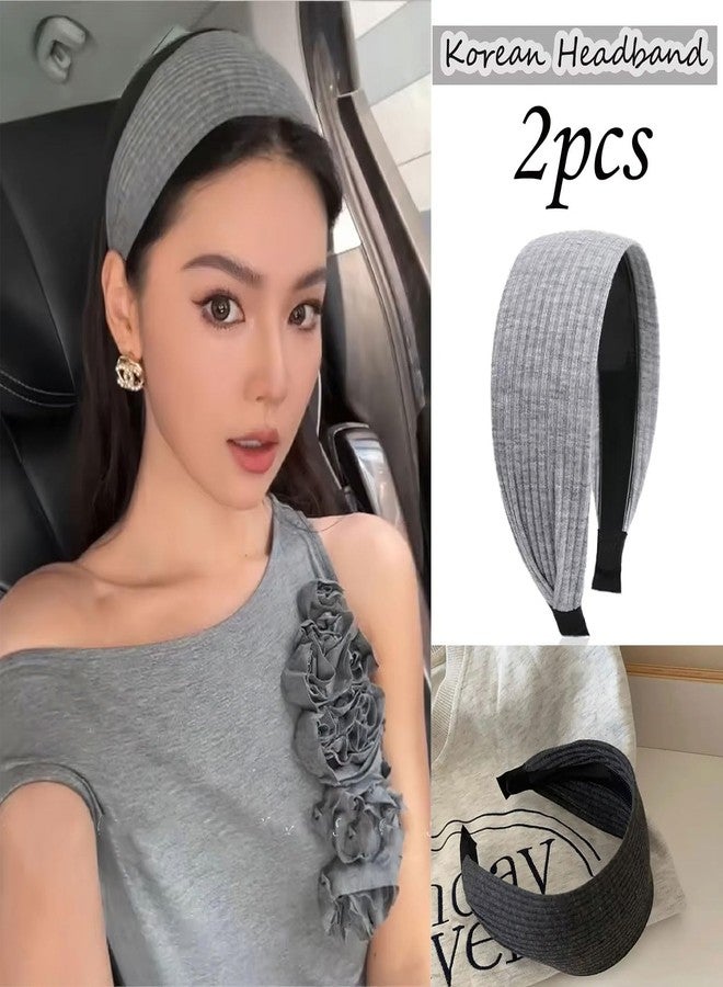 Melodio 2 PCS Headbands for Women Toothed Non-slip Hair Bands Vintage Knitted Pit Strip Boho Wider Sports Makeup Hair Bands Cover Hair Seams for Women(Navy, Gray) - Image 5