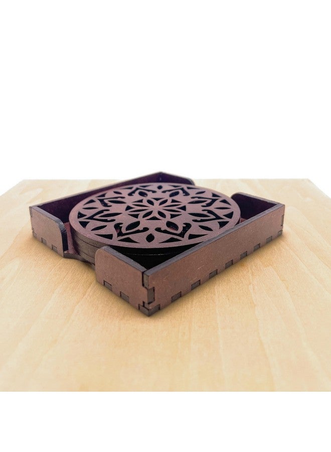 IndionArt Dvaadash 99mm Decorative Wooden Tea Coaster Set with Stand Hand-Painted Spill-Resistant Mandala Design (4, Rosewood) - Image 3