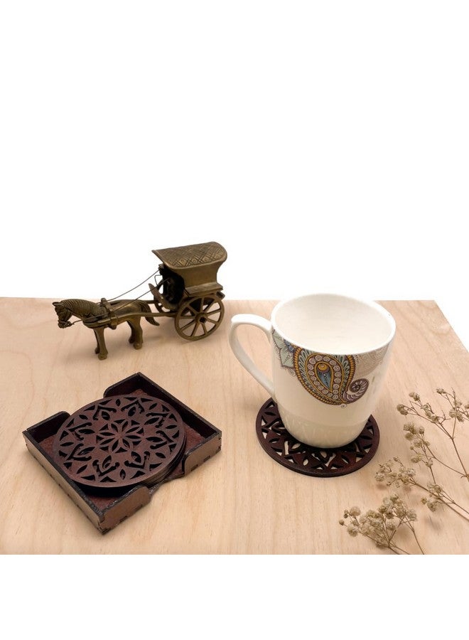 IndionArt Dvaadash 99mm Decorative Wooden Tea Coaster Set with Stand Hand-Painted Spill-Resistant Mandala Design (4, Rosewood) - Image 4