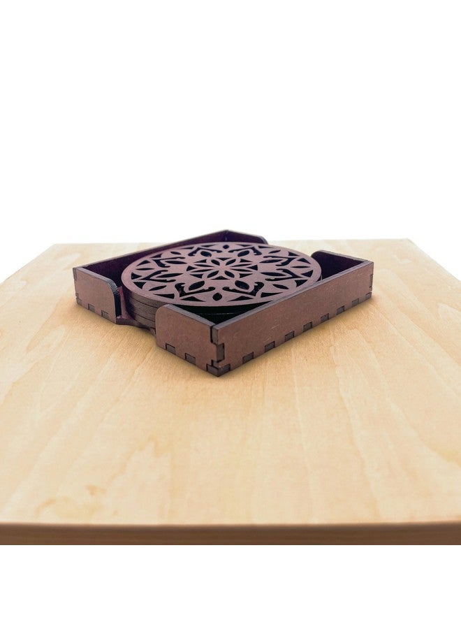 IndionArt Dvaadash 99mm Decorative Wooden Tea Coaster Set with Stand Hand-Painted Spill-Resistant Mandala Design (4, Rosewood) - Image 2
