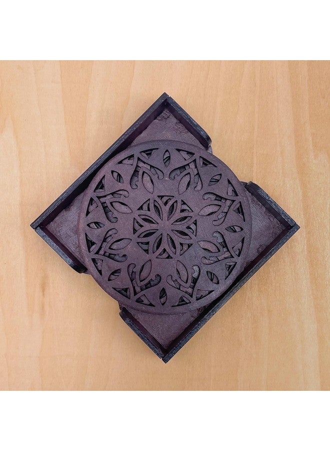 IndionArt Dvaadash 99mm Decorative Wooden Tea Coaster Set with Stand Hand-Painted Spill-Resistant Mandala Design (4, Rosewood) - Image 1
