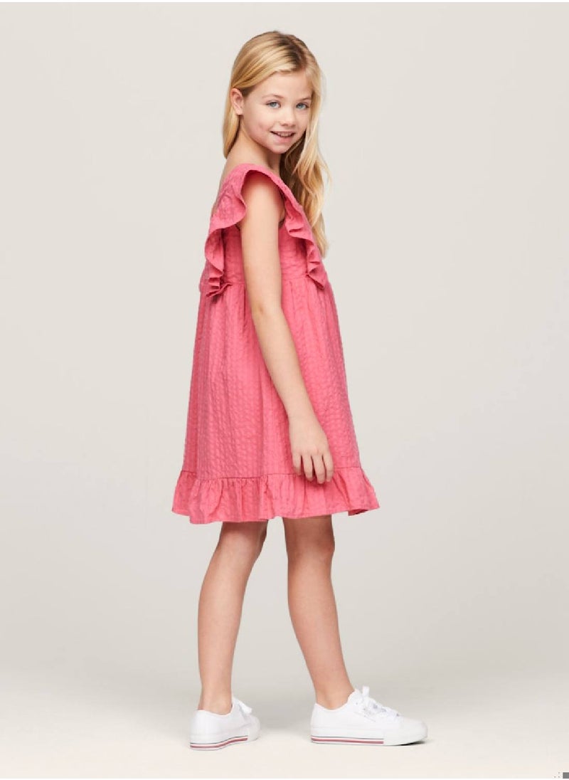 TOMMY HILFIGER Girls' Seersucker Frill Fit And Flare Dress -  Pure cotton seersucker, Pink  - Image 3