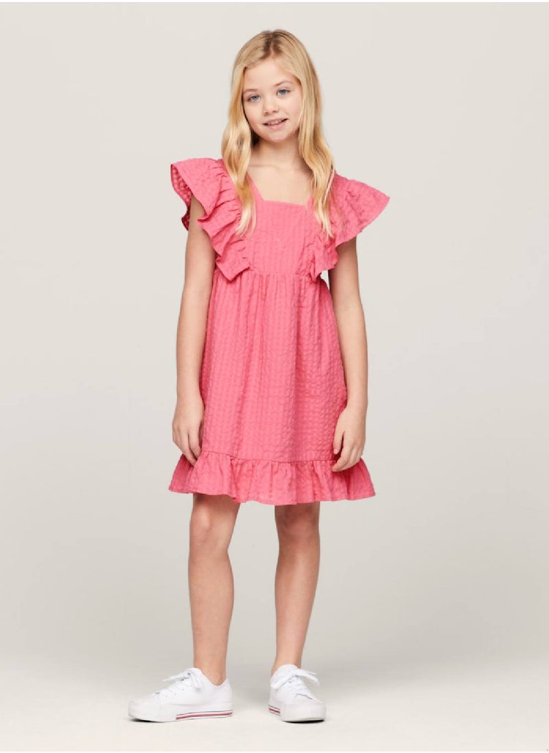 TOMMY HILFIGER Girls' Seersucker Frill Fit And Flare Dress -  Pure cotton seersucker, Pink  - Image 1