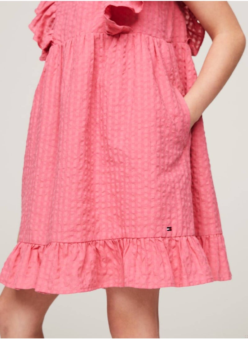 TOMMY HILFIGER Girls' Seersucker Frill Fit And Flare Dress -  Pure cotton seersucker, Pink  - Image 5