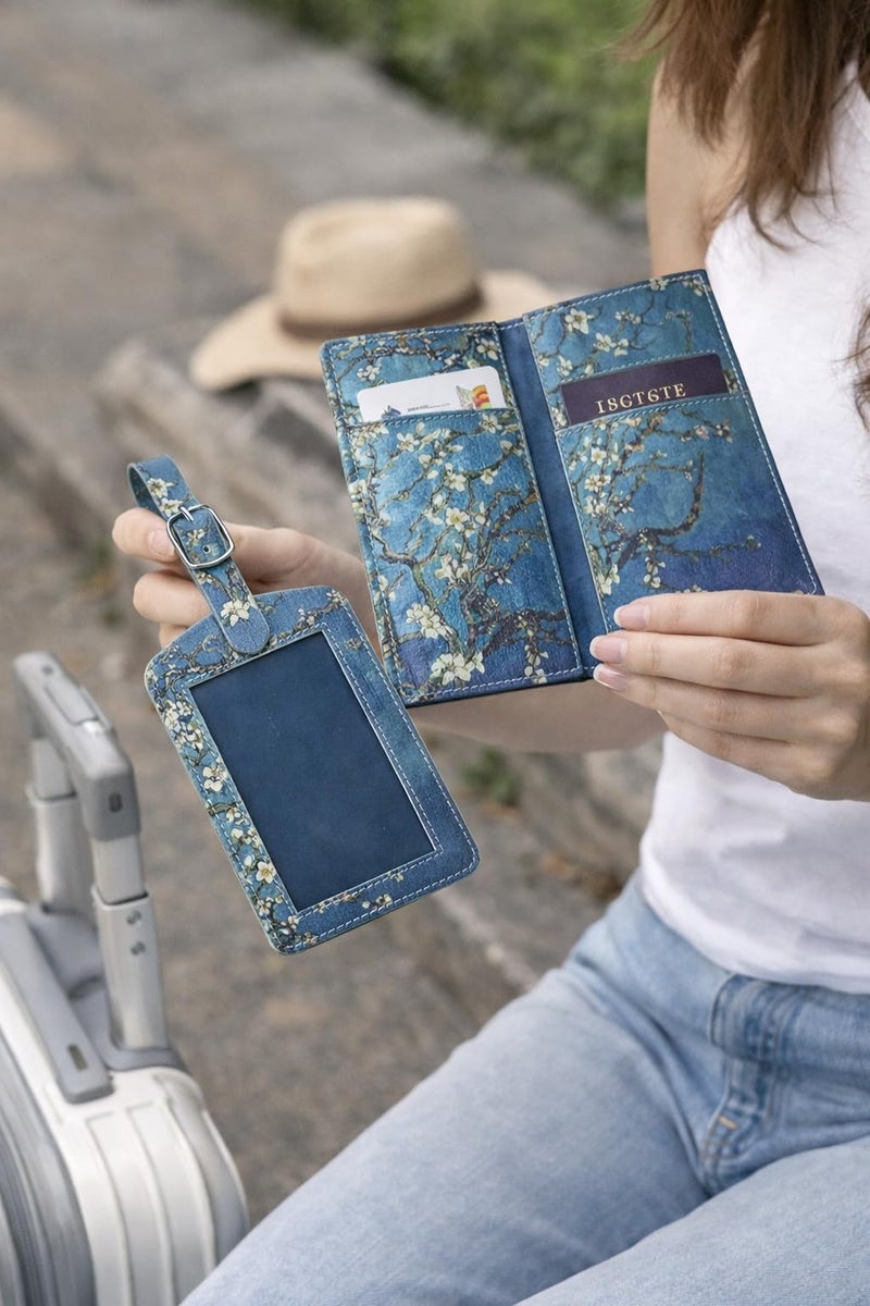 SHOWDAY Passport Holder & Luggage Tag Set, PU Leather Travel Passport Cover with Card Slots + ID Tag with Adjustable Strap, Lightweight Passport Wallet Organizer for Men (Blue Flowers) - Image 1