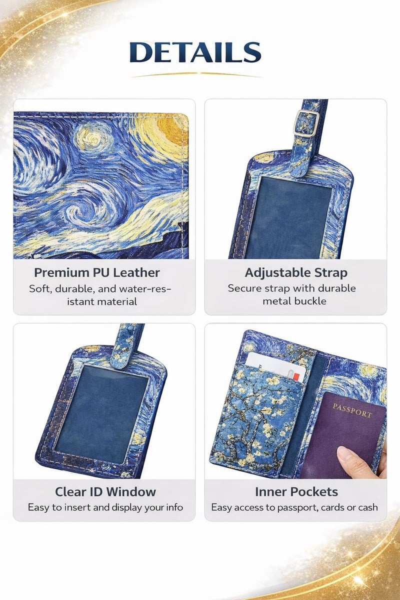 SHOWDAY Passport Holder & Luggage Tag Set, PU Leather Travel Passport Cover with Card Slots + ID Tag with Adjustable Strap, Lightweight Passport Wallet Organizer for Men (Blue Flowers) - Image 2