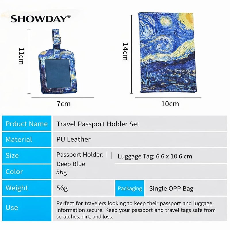 SHOWDAY Passport Holder & Luggage Tag Set, PU Leather Travel Passport Cover with Card Slots + ID Tag with Adjustable Strap, Lightweight Passport Wallet Organizer for Men (Blue Flowers) - Image 3