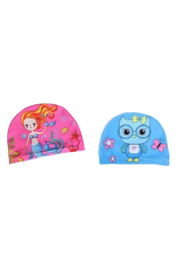 El Regalo - Regalo 2 Pcs Swim Cap Kids/ Toddlers, Comfortable Breathable Polyester Fabric Swimming Caps Cute Cartoon Dolphin, Shark, Owl, Mermaid Fairy, Unicorn, Giraffe Swim Caps (Mermaid & Blue Owl) - Image 1
