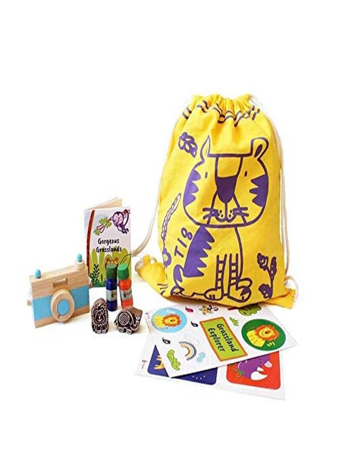 Shumee Adventure Kit Grassland Themed Tiger (Age 3+) | Kids Camera Stamp Set Stickers Record Book Drawstring Bag | Eco Friendly Toy | Natural Materials | Child Safe | Handcrafted |Lovely Gift For Kids - Image 1
