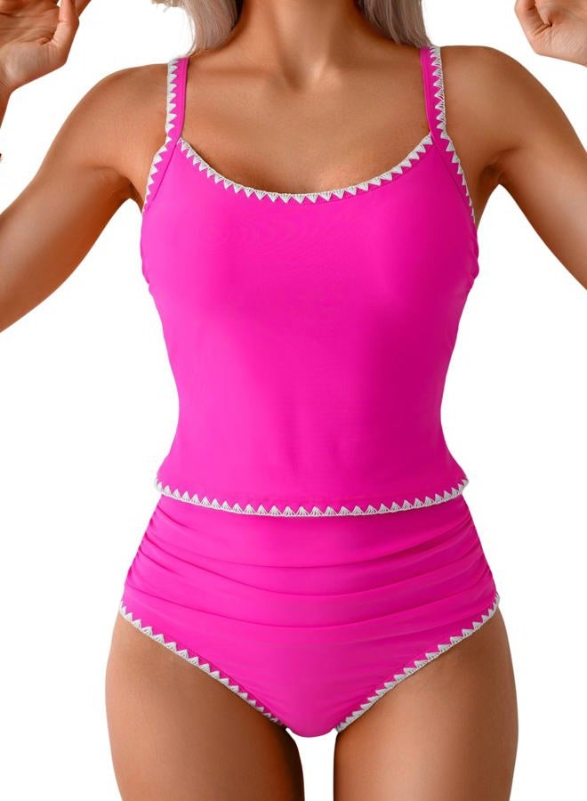 Eomenie Tankini Swimsuit for Women Tummy Control Ruched Two Piece Bathing Suits High Waisted Shell Stitch Swimwear, Hot Pink, M - Image 1