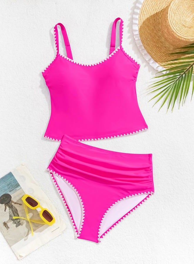 Eomenie Tankini Swimsuit for Women Tummy Control Ruched Two Piece Bathing Suits High Waisted Shell Stitch Swimwear, Hot Pink, M - Image 5