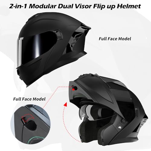 MXJ Gear Motorcycle Helmet,Motorcycle Dual Visor Flip up Modular Full Face Helmet JR-815,DOT Approved Motorbike Helmet with 2 Visors for Adults Men Women(M,Matte Black-B) - Image 2