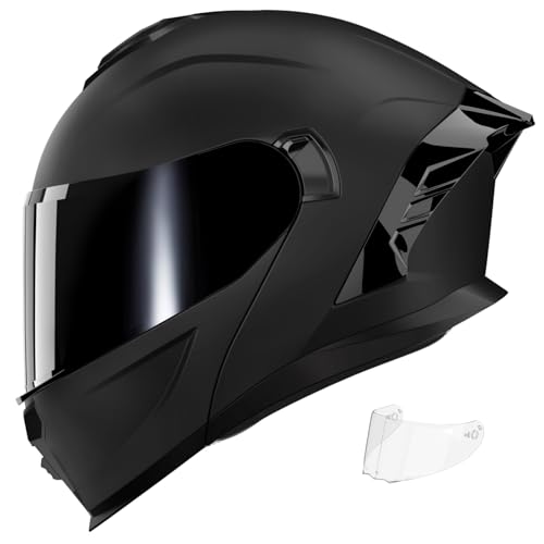 MXJ Gear Motorcycle Helmet,Motorcycle Dual Visor Flip up Modular Full Face Helmet JR-815,DOT Approved Motorbike Helmet with 2 Visors for Adults Men Women(M,Matte Black-B) - Image 1
