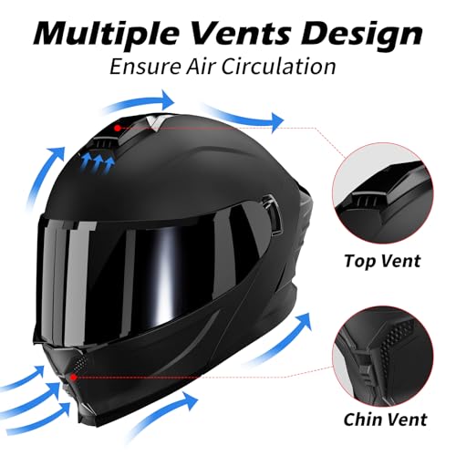 MXJ Gear Motorcycle Helmet,Motorcycle Dual Visor Flip up Modular Full Face Helmet JR-815,DOT Approved Motorbike Helmet with 2 Visors for Adults Men Women(M,Matte Black-B) - Image 3