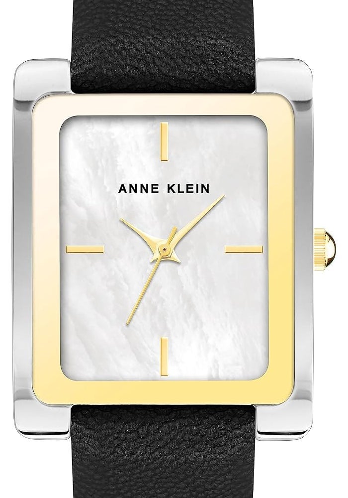 Anne Klein Women's Leather Strap Watch with Mother-of-Pearl Dial, Black/Two Tone - Image 1