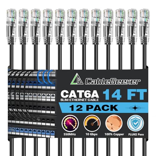 CableGeeker Patch Cables Cat6a 14ft (12 Pack) Slim, Cat6 Ethernet Patch Cable 10G Support, Snagless RJ45 Cat 6 Patch Cable for Patch Panel to Switch, Flexible Network Cable - 14 Feet Black - Image 1