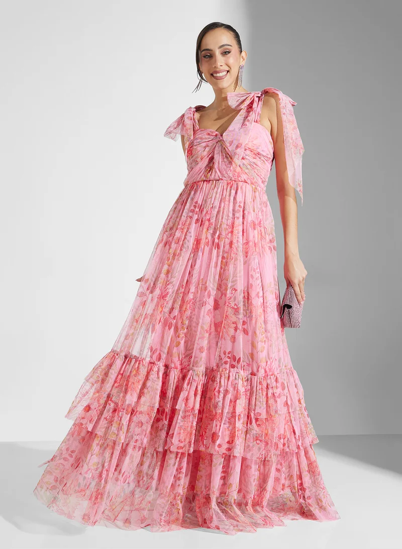 Lace and Beads Floral Tulle Maxi Dress