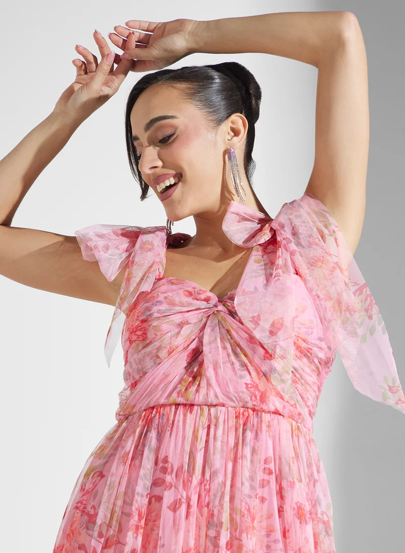 Lace and Beads Floral Tulle Maxi Dress