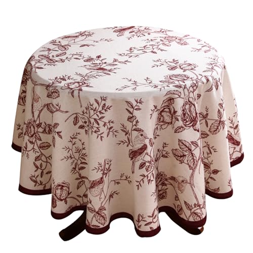 ISAENNE Designer Vintage Linen Round Tablecloth,Red Floral Pattern Linen Stain Resistant Table Cloth,Decor Tablecloths for Dining Thanksgiving Kitchen Christmas,Diameter 67"-Harmony - Image 1