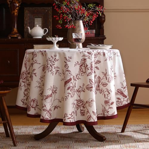 ISAENNE Designer Vintage Linen Round Tablecloth,Red Floral Pattern Linen Stain Resistant Table Cloth,Decor Tablecloths for Dining Thanksgiving Kitchen Christmas,Diameter 67"-Harmony - Image 2