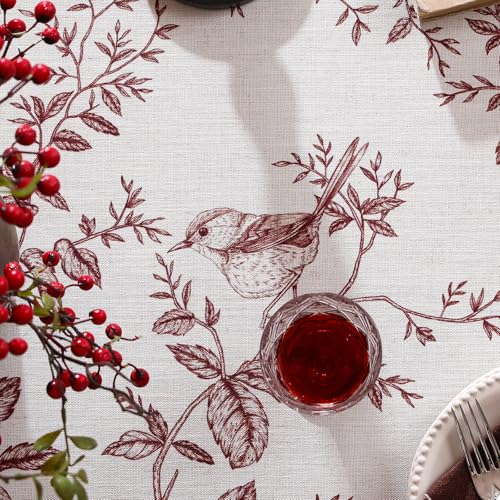 ISAENNE Designer Vintage Linen Round Tablecloth,Red Floral Pattern Linen Stain Resistant Table Cloth,Decor Tablecloths for Dining Thanksgiving Kitchen Christmas,Diameter 67"-Harmony - Image 4