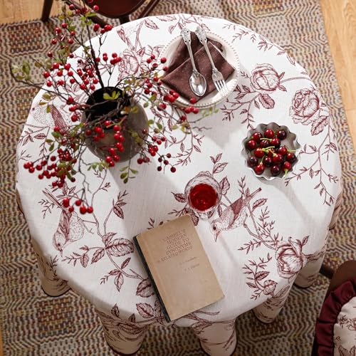 ISAENNE Designer Vintage Linen Round Tablecloth,Red Floral Pattern Linen Stain Resistant Table Cloth,Decor Tablecloths for Dining Thanksgiving Kitchen Christmas,Diameter 67"-Harmony - Image 3