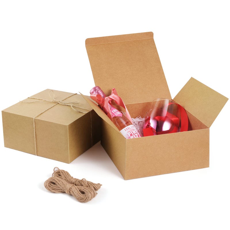 ValBox 8x8x4 Inches Gift Boxes 12 PCS Brown Paper Gift Boxes with Lids for Gifts Wedding Present Bridesmaid Proposal Box Birthday Party Favor Easy Assemble Box with 66ft Twine