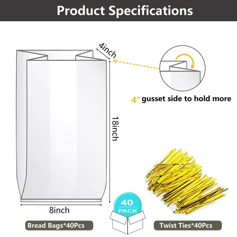 Cupplation Bread Loaf Packing Bags with Ties, Printed Large Bakery Homemade Bread Plastic Bags, 8â€ x 4â€ x 18â€,40 Pack, Printed Container Reusable Adjustable - Image 2