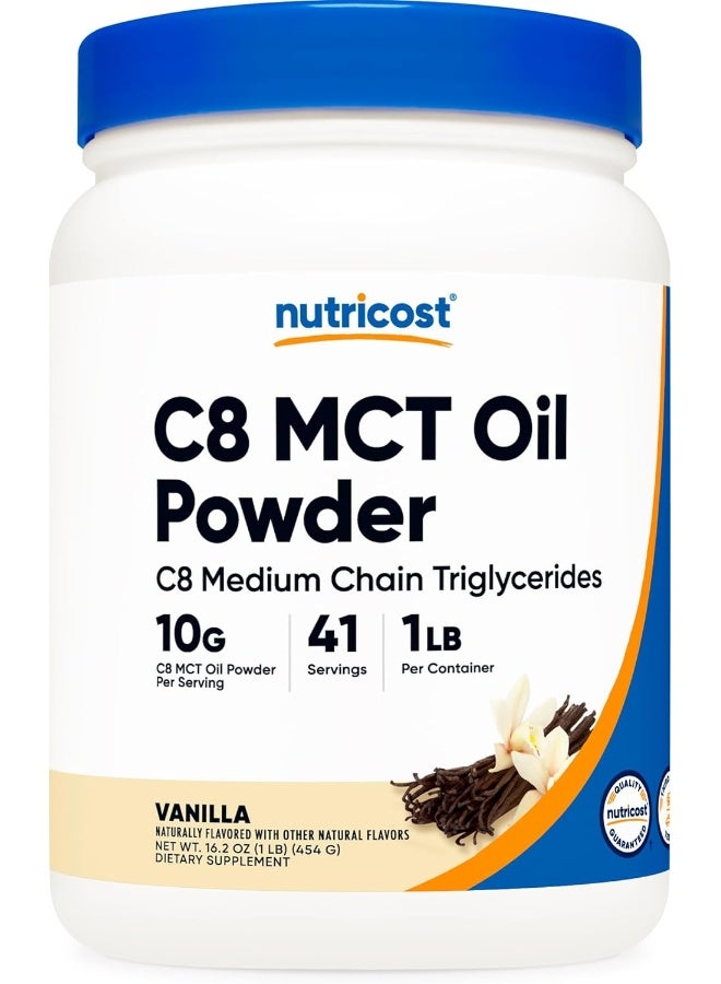 Nutricost مسحوق زيت MCT C8 1LB (16oz) بنكهة الفانيليا - 95% مسحوق زيت MCT C8، الأفضل للحمية الكيتونية، غير معدّل وراثيًا، خالي من الغلوتين - Image 1