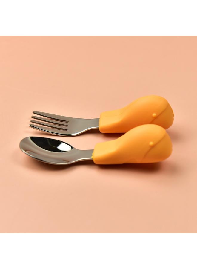 Hippo Baby Baby Learning To Eat Training Fork Spoon Short Handle Stainless Steel Tableware Children's Silicone Complementary Food Complementary Food Fork Spoon