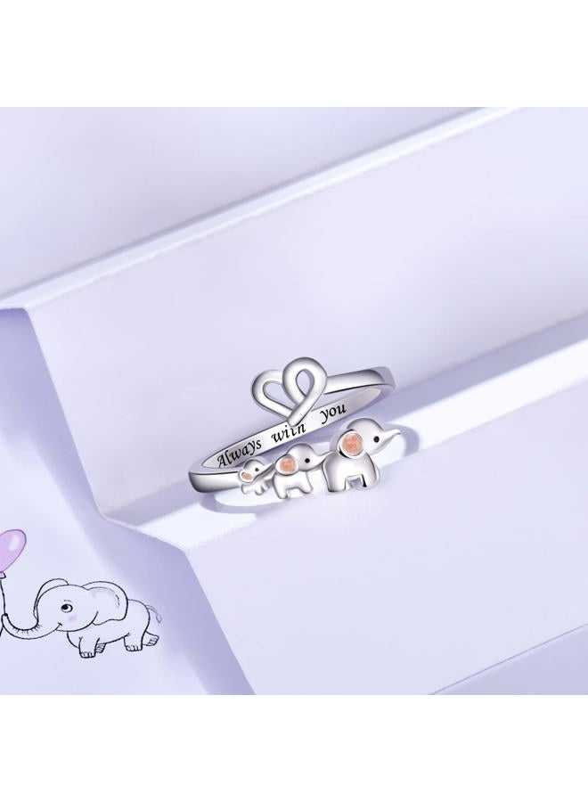 ACJNA 925 Sterling Silver Elephant Ring Mother Daughter Open Love Ring Rose Gold Heart Finger Adjustable Engraved Rings Jewelry for Women Wife Mom Nana Girls Gifts, 3-elephant, Cubic Zirconia - Image 4