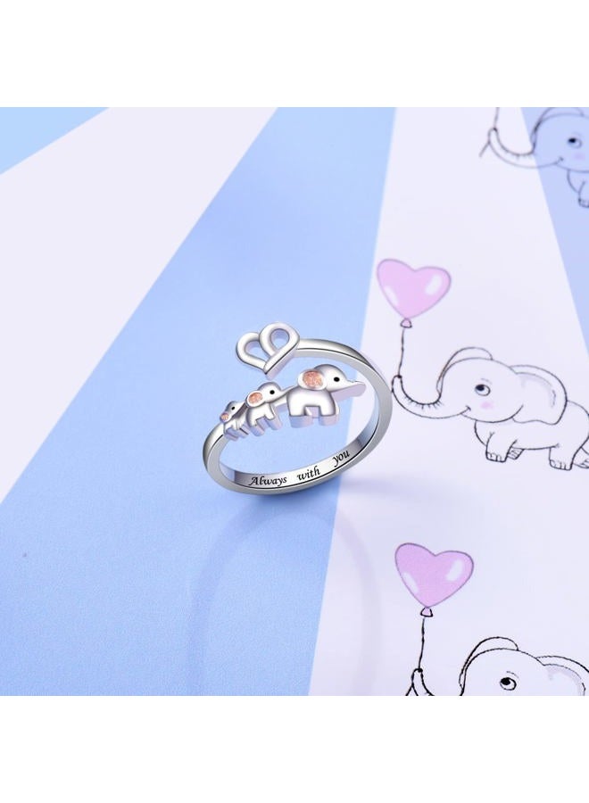 ACJNA 925 Sterling Silver Elephant Ring Mother Daughter Open Love Ring Rose Gold Heart Finger Adjustable Engraved Rings Jewelry for Women Wife Mom Nana Girls Gifts, 3-elephant, Cubic Zirconia - Image 2