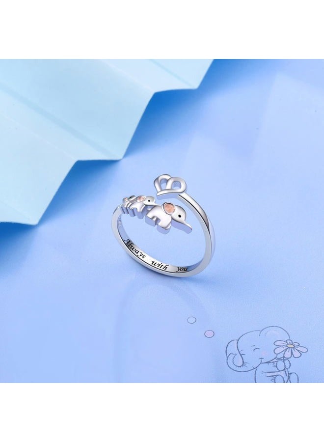 ACJNA 925 Sterling Silver Elephant Ring Mother Daughter Open Love Ring Rose Gold Heart Finger Adjustable Engraved Rings Jewelry for Women Wife Mom Nana Girls Gifts, 3-elephant, Cubic Zirconia - Image 3