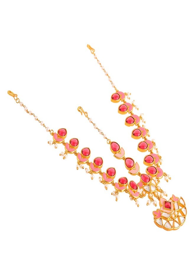 Voylla Forever More Pink Stones and Pearls Enamelled Floral Maang Tika - Image 5