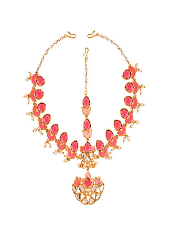 Voylla Forever More Pink Stones and Pearls Enamelled Floral Maang Tika - Image 4