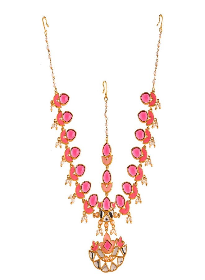 Voylla Forever More Pink Stones and Pearls Enamelled Floral Maang Tika - Image 1