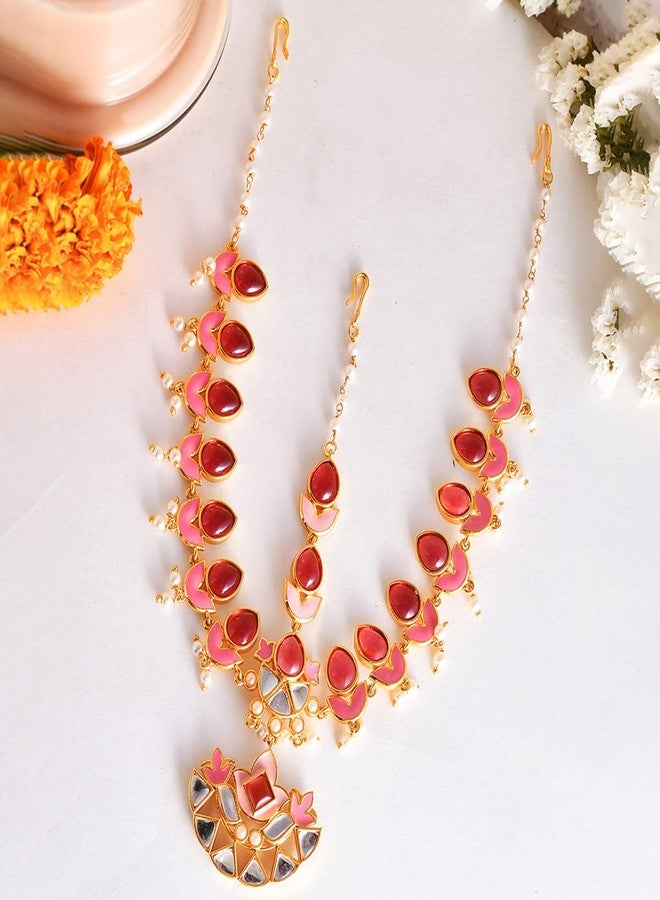 Voylla Forever More Pink Stones and Pearls Enamelled Floral Maang Tika - Image 2