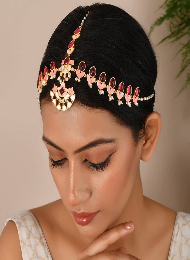 Voylla Forever More Pink Stones and Pearls Enamelled Floral Maang Tika - Image 3