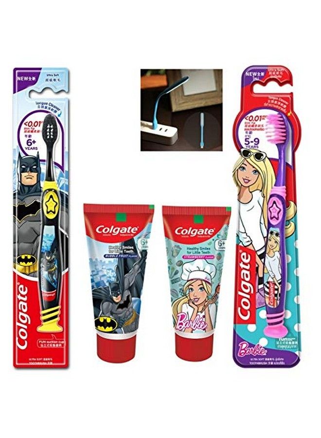 Colgate Kids Anti Cavity Extra Soft Tongue Cleaner Toothbrush Batman + Barbie & Anticavity Batman + Barbie Toothpaste For Kids 80G + 80G (Bubble Fruit Flavour) Soft 1 Pc (Free Usb Led) - Image 3