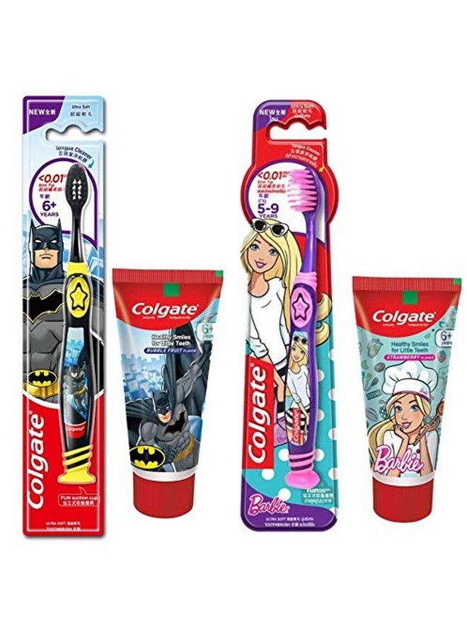 Colgate Kids Anti Cavity Extra Soft Tongue Cleaner Toothbrush Batman + Barbie & Anticavity Batman + Barbie Toothpaste For Kids 80G + 80G (Bubble Fruit Flavour) Soft 1 Pc (Free Usb Led) - Image 2