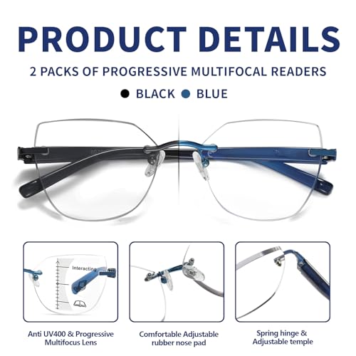 Kafirlo Progressive Multifocal Reading Glasses Women No Line Multifocus Transition Blue Light Blocking Computer Rimless Frame Reader Multi Focus Stylish Designer Lady Lightweight Cateye Eyeglass 2.25 - Image 3