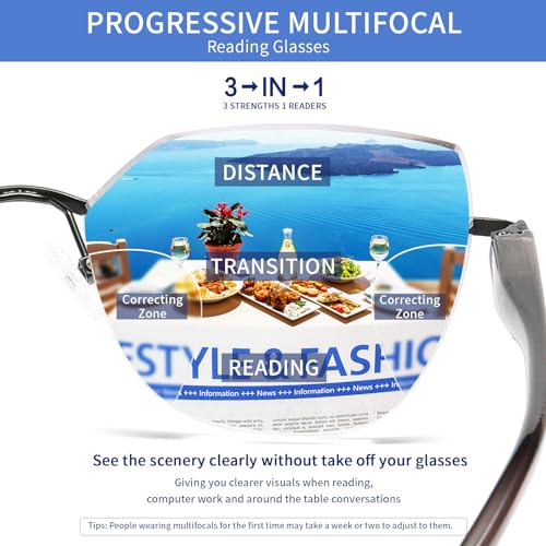 Kafirlo Progressive Multifocal Reading Glasses Women No Line Multifocus Transition Blue Light Blocking Computer Rimless Frame Reader Multi Focus Stylish Designer Lady Lightweight Cateye Eyeglass 2.25 - Image 4