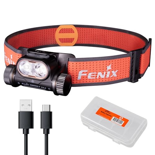 fenix مصباح رأس فينيكس HM65R-T V2.0 للجري، 1600 لومن ضوء أبيض وضوء دافئ مزدوج، قابل لإعادة الشحن عبر USB-C، خفيف الوزن مع وقت تشغيل طويل للجري في المسارات، مع منظم (أسود) - Image 1