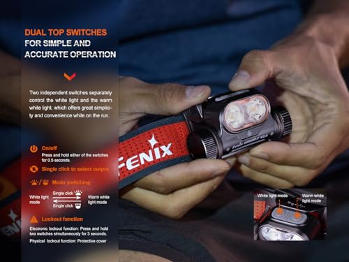 fenix مصباح رأس فينيكس HM65R-T V2.0 للجري، 1600 لومن ضوء أبيض وضوء دافئ مزدوج، قابل لإعادة الشحن عبر USB-C، خفيف الوزن مع وقت تشغيل طويل للجري في المسارات، مع منظم (أسود) - Image 5