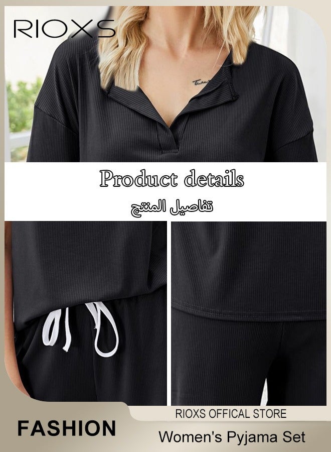 RIOXS Women's Casual 2 Piece Sets,Short Sleeve T-Shirt And Elastic Waist Shorts,Solid Sleepwear Set For Women,Comfy Lady's Notched V Neck Top And Drawstring Shorts,Short Sleepwear  - Image 5